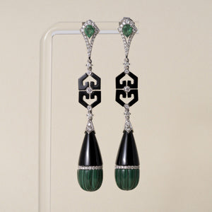 Art Deco Style 18K Gold Emerald, Malachite, Onyx and Diamond Dangle Earrings