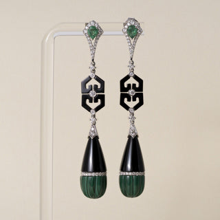 Art Deco Style 18K Gold Emerald, Malachite, Onyx and Diamond Dangle Earrings