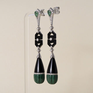 Art Deco Style 18K Gold Emerald, Malachite, Onyx and Diamond Dangle Earrings