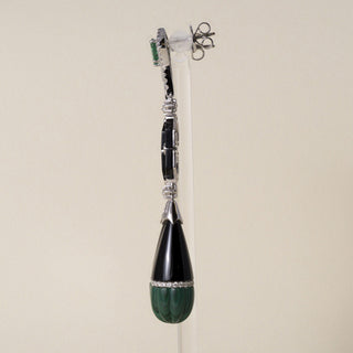 Art Deco Style 18K Gold Emerald, Malachite, Onyx and Diamond Dangle Earrings