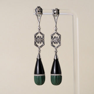 Art Deco Style 18K Gold Emerald, Malachite, Onyx and Diamond Dangle Earrings