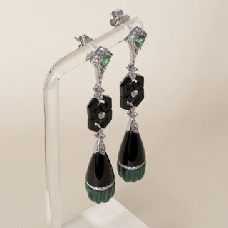 Art Deco Style 18K Gold Emerald, Malachite, Onyx and Diamond Dangle Earrings