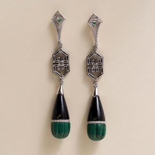 Art Deco Style 18K Gold Emerald, Malachite, Onyx and Diamond Dangle Earrings