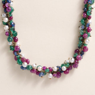 Vintage 1950s Multi Gem & Cultured Pearl Beaded 18K Gold Necklace