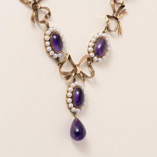 Antique Victorian 21 Carats Amethyst and Seed Pearl Swag 14K Gold Necklace