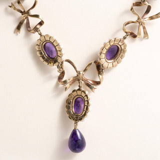 Antique Victorian 21 Carats Amethyst and Seed Pearl Swag 14K Gold Necklace