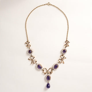 Antique Victorian 21 Carats Amethyst and Seed Pearl Swag 14K Gold Necklace