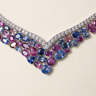 Estate Platinum Diamond and 47.05 Carats Multi Color Sapphire Necklace