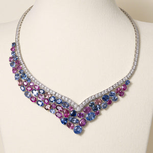 Estate Platinum Diamond and 47.05 Carats Multi Color Sapphire Necklace