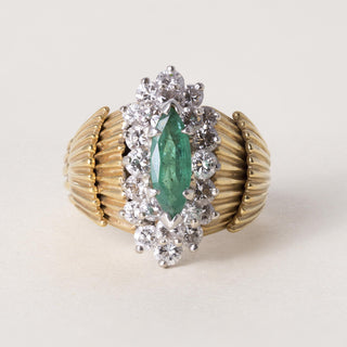 Vintage 18K Plat Emerald Marquise and Diamond Scallop Ring