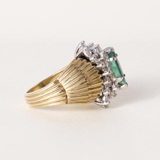Vintage 18K Plat Emerald Marquise and Diamond Scallop Ring