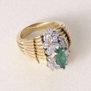 Vintage 18K Plat Emerald Marquise and Diamond Scallop Ring