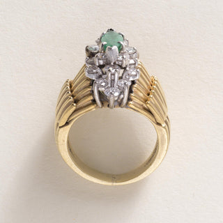 Vintage 18K Plat Emerald Marquise and Diamond Scallop Ring