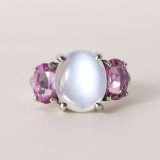 Judith Ripka 18K WG 5 carat Moonstone Pink Tourmaline Diamond Ring