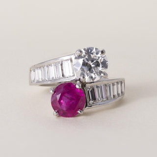 Vintage Platinum 2.37ct Burma Ruby No Heat 1.42ct Diamond Toi et Moi Ring