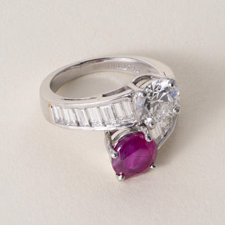 Vintage Platinum 2.37ct Burma Ruby No Heat 1.42ct Diamond Toi et Moi Ring