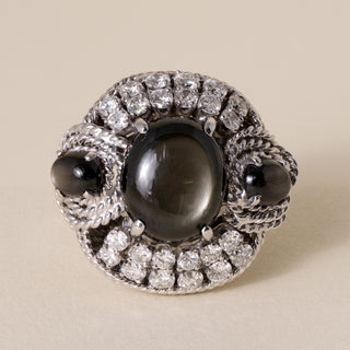 Vintage 5 Carats Black Star Sapphire 3 Stone Diamond Cocktail Ring