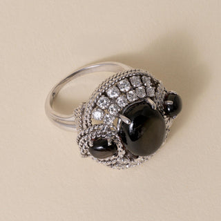Vintage 5 Carats Black Star Sapphire 3 Stone Diamond Cocktail Ring
