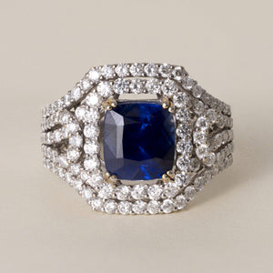 Estate 18K Gold 3.75 Carat Blue Sapphire Cushion 1.50 Carat Diamond Ring