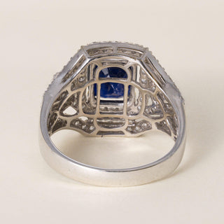 Estate 18K Gold 3.75 Carat Blue Sapphire Cushion 1.50 Carat Diamond Ring