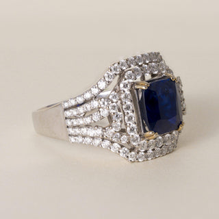 Estate 18K Gold 3.75 Carat Blue Sapphire Cushion 1.50 Carat Diamond Ring
