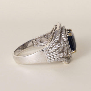 Estate 18K Gold 3.75 Carat Blue Sapphire Cushion 1.50 Carat Diamond Ring