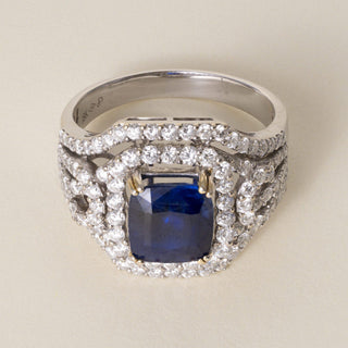 Estate 18K Gold 3.75 Carat Blue Sapphire Cushion 1.50 Carat Diamond Ring