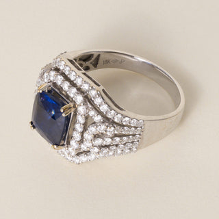 Estate 18K Gold 3.75 Carat Blue Sapphire Cushion 1.50 Carat Diamond Ring