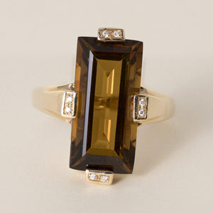 Estate 14K Gold 9 Carat Citrine Elongated Baguette Cut Tension Diamond Ring