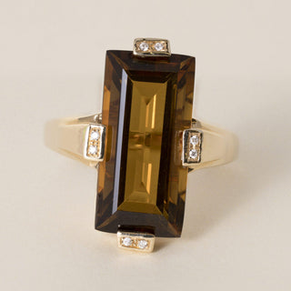 Estate 14K Gold 9 Carat Citrine Elongated Baguette Cut Tension Diamond Ring
