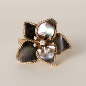 Estate 18K Gold Mother of Pearl and Diamond Floral Cocktail Ring