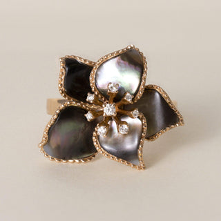 Estate 18K Gold Mother of Pearl and Diamond Floral Cocktail Ring