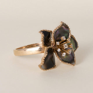 Estate 18K Gold Mother of Pearl and Diamond Floral Cocktail Ring