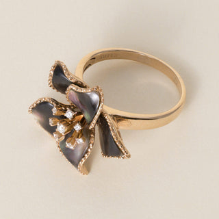 Estate 18K Gold Mother of Pearl and Diamond Floral Cocktail Ring