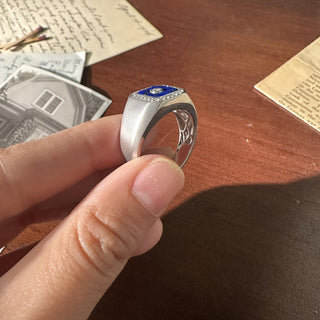 Vintage 14K White Gold Lapis Lazuli and 0.40 Carat Diamond Bezel Signet Ring