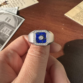 Vintage 14K White Gold Lapis Lazuli and 0.40 Carat Diamond Bezel Signet Ring