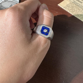 Vintage 14K White Gold Lapis Lazuli and 0.40 Carat Diamond Bezel Signet Ring