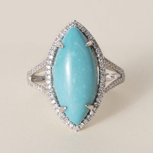 Estate 14K Gold 8.50 Carat Turquoise Marquise and Diamond Cocktail Ring