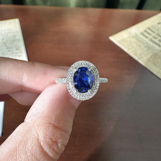 Estate 14K White Gold 1.45 Carat Oval Blue Sapphire and Diamond Double Halo Ring