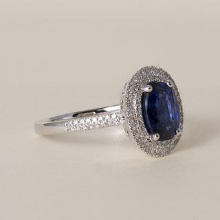 Estate 14K White Gold 1.45 Carat Oval Blue Sapphire and Diamond Double Halo Ring