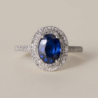 Estate 14K White Gold 1.45 Carat Oval Blue Sapphire and Diamond Double Halo Ring