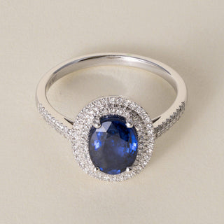 Estate 14K White Gold 1.45 Carat Oval Blue Sapphire and Diamond Double Halo Ring