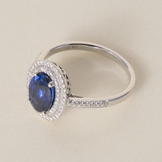 Estate 14K White Gold 1.45 Carat Oval Blue Sapphire and Diamond Double Halo Ring