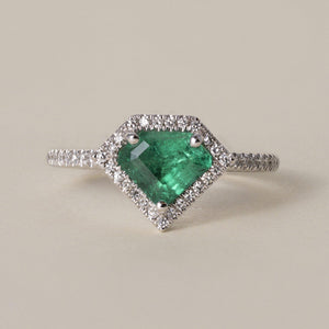 Estate 14K White Gold 1.02 Carat Emerald Shield Cut and Diamond Halo Ring