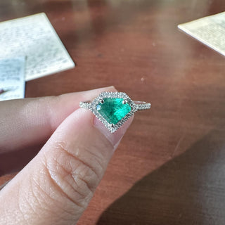 Estate 14K White Gold 1.02 Carat Emerald Shield Cut and Diamond Halo Ring