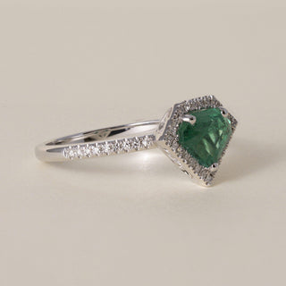 Estate 14K White Gold 1.02 Carat Emerald Shield Cut and Diamond Halo Ring