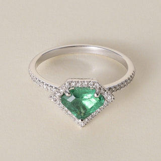 Estate 14K White Gold 1.02 Carat Emerald Shield Cut and Diamond Halo Ring