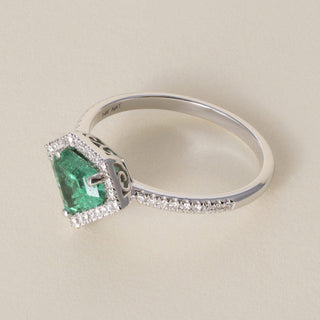 Estate 14K White Gold 1.02 Carat Emerald Shield Cut and Diamond Halo Ring