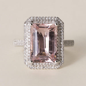 14K White Gold 4.11 CT Emerald-Cut Morganite & Diamond Halo Engagement Ring