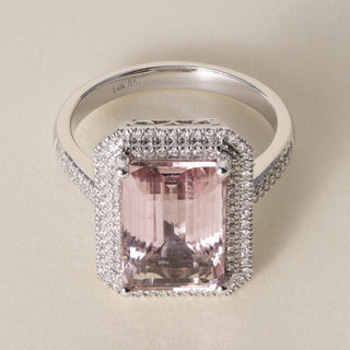 14K White Gold 4.11 CT Emerald-Cut Morganite & Diamond Halo Engagement Ring
